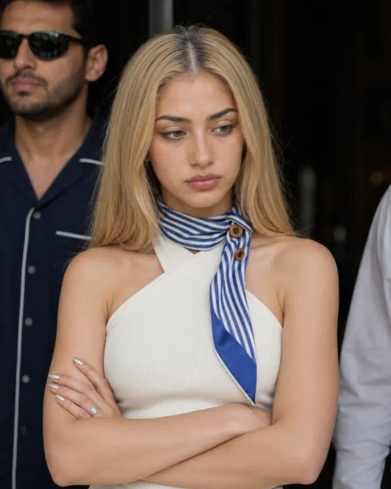 Close fashion portrait of a woman in an ivory knit halter and blue striped scarf, standing with crossed arms before a dark layered background.