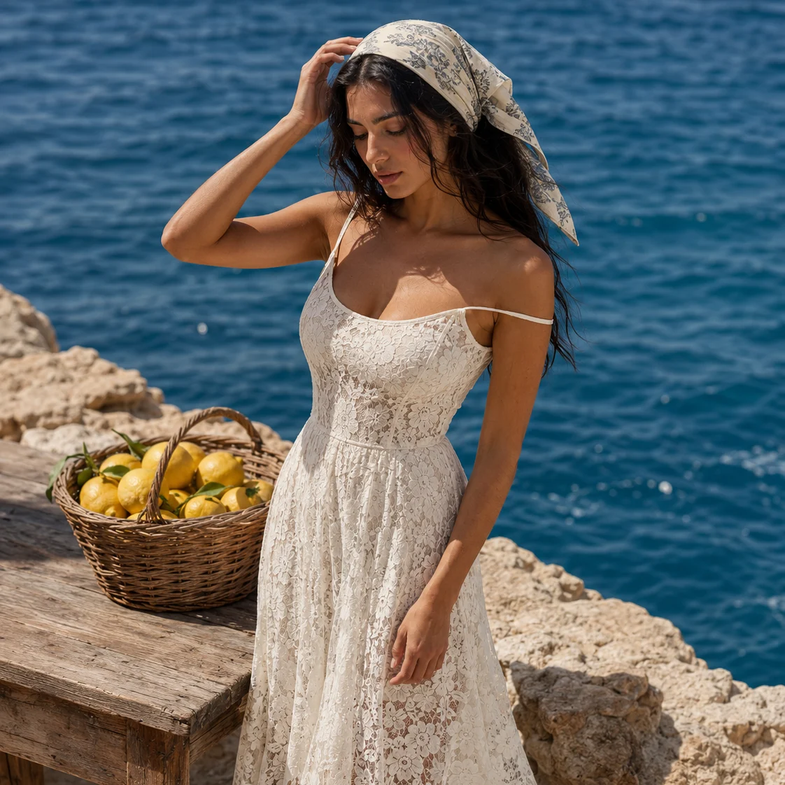 Ivory lace midi dress with printed headscarf styled beside lemons and the ocean in bright coastal daylight.