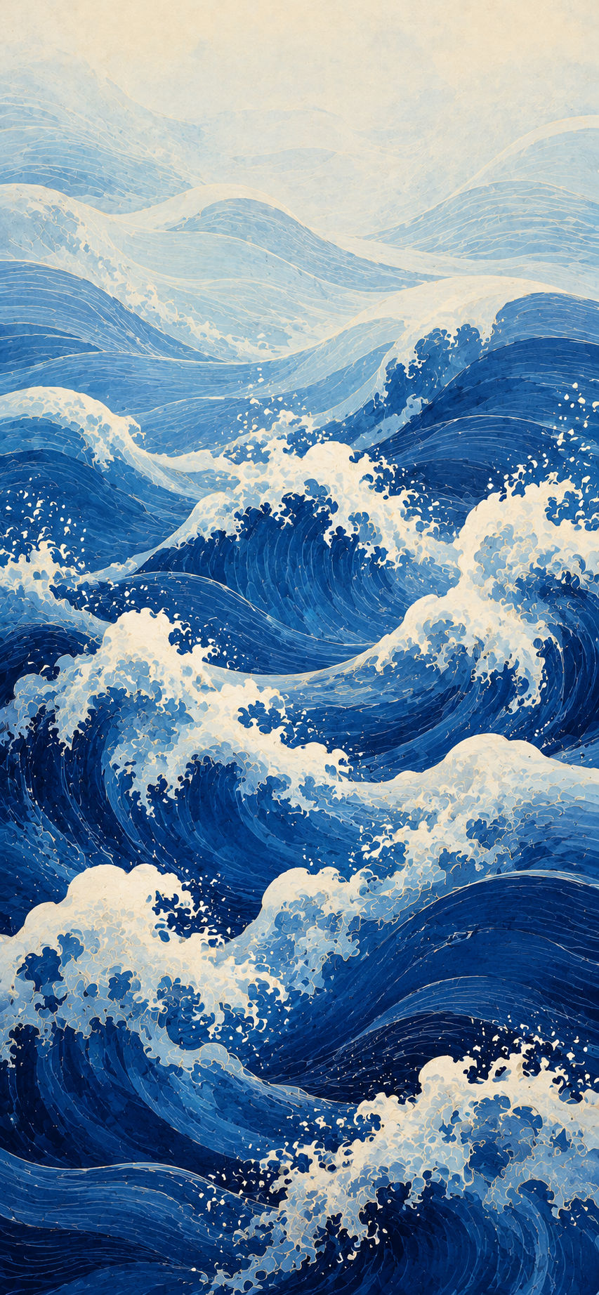Stylized Japanese blue ocean waves with layered indigo patterns and white sea foam.