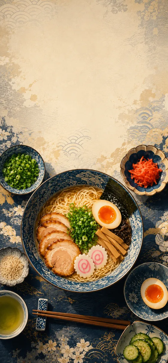 Illustrated top-down Japanese ramen meal with blue ceramic bowls, colorful ingredients, and elegant tabletop textures.