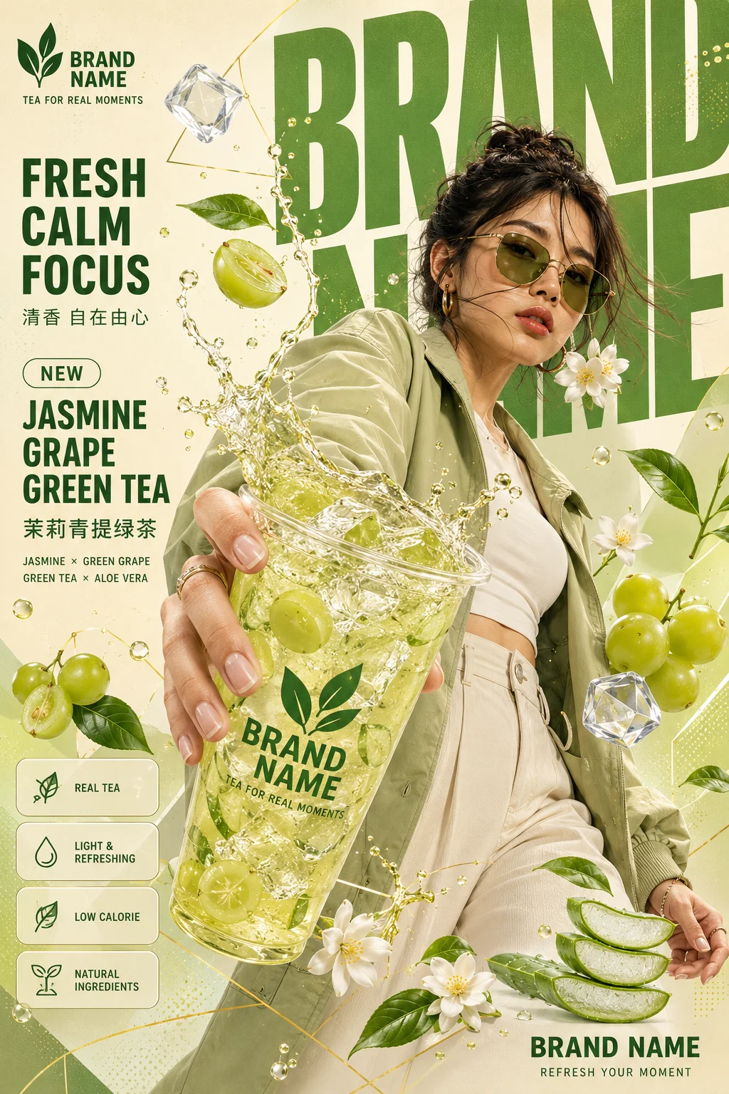 Vertical tea advertisement showing a model extending a chilled green drink surrounded by jasmine flowers, grapes, leaves, and aloe.