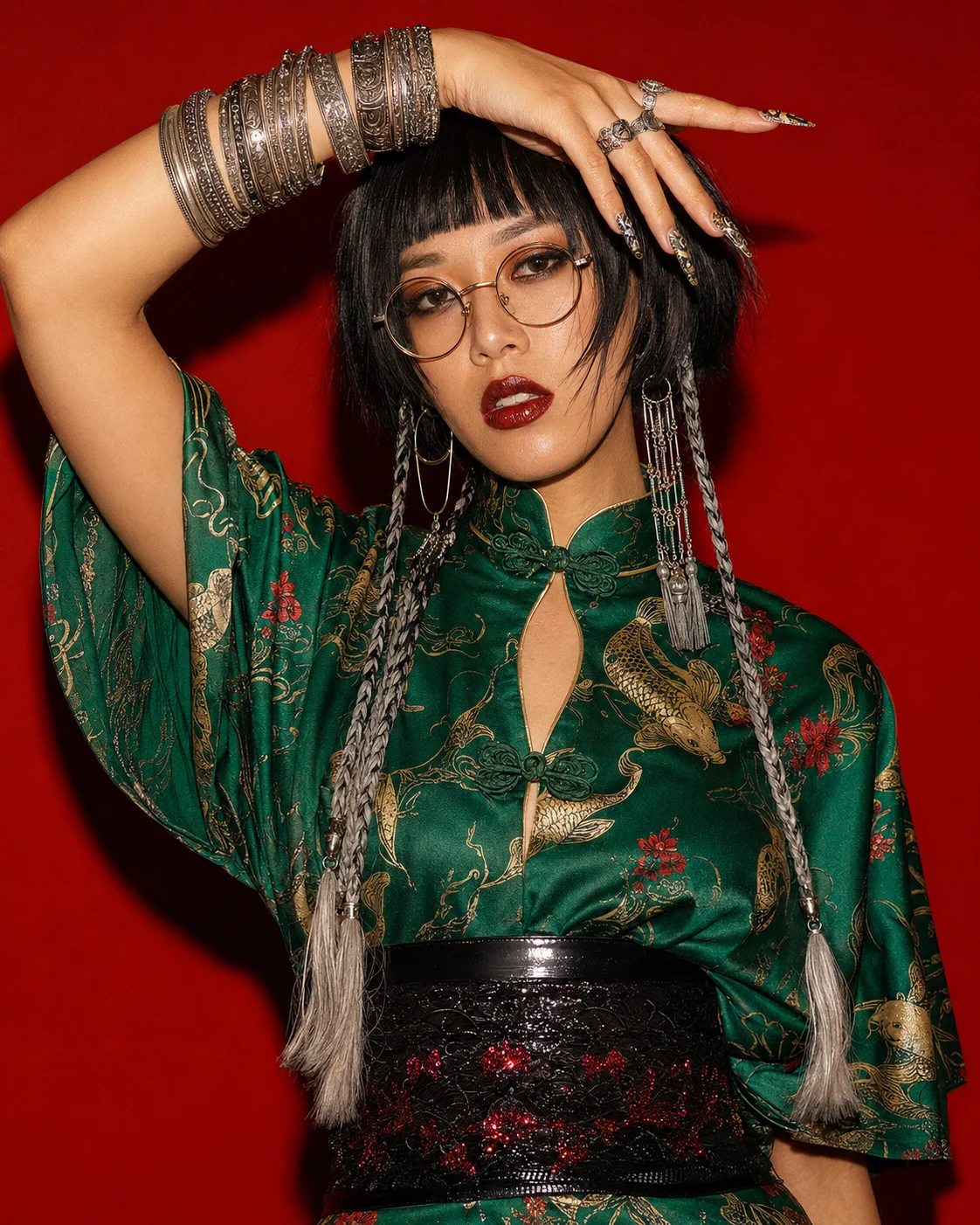 Ornamental studio portrait with emerald qipao-inspired garment, raised jeweled hand, glasses, blunt bob, braids, and red background.