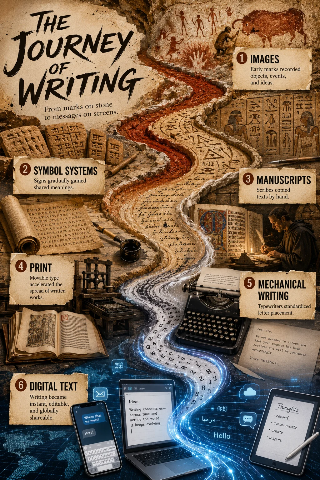 Mixed-media writing history poster with branching ink paths, cave pigment, clay tablets, parchment, printed pages, typewriter paper, and glowing digital typography.