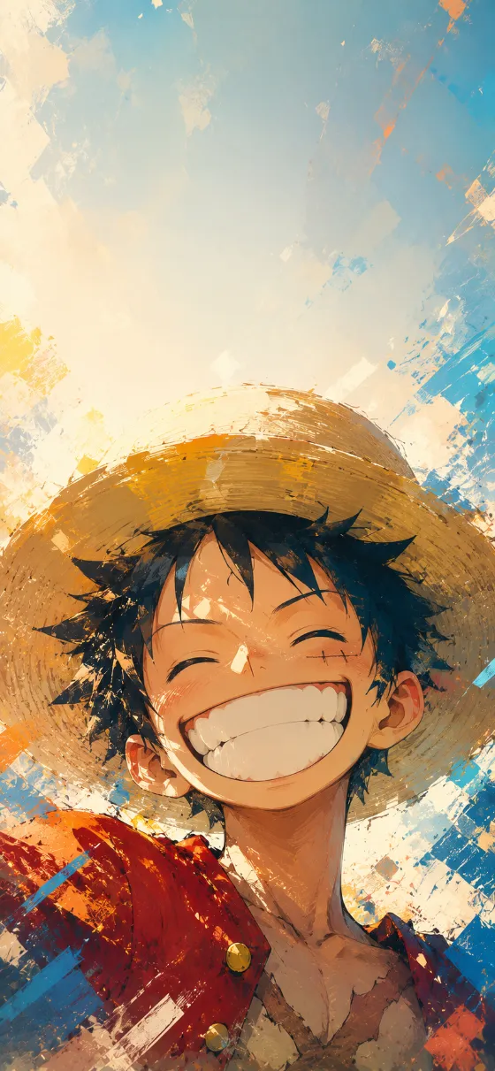 Close-up anime portrait of a smiling straw-hat adventurer with colorful painterly brushstrokes.