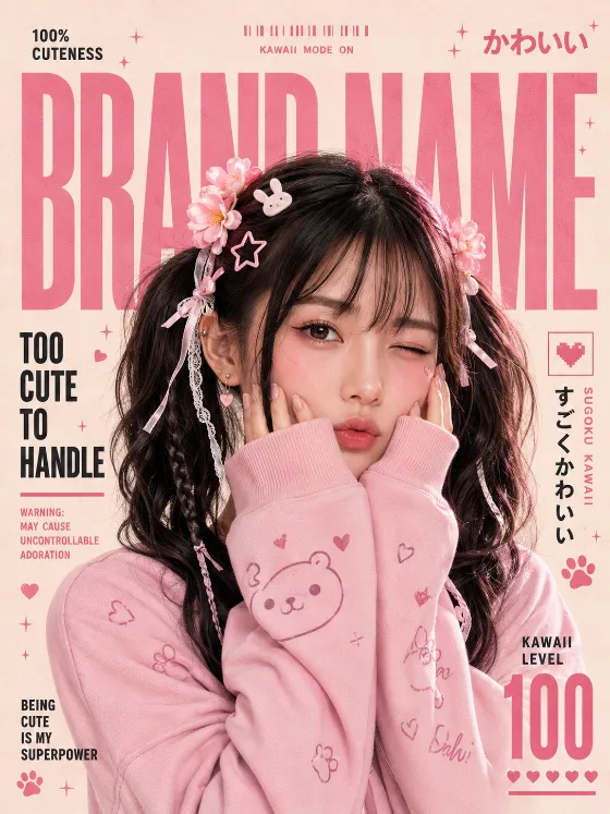 Vertical blush-pink editorial showing a winking model with dark twin ponytails, cute hair clips, and playful magazine graphics.