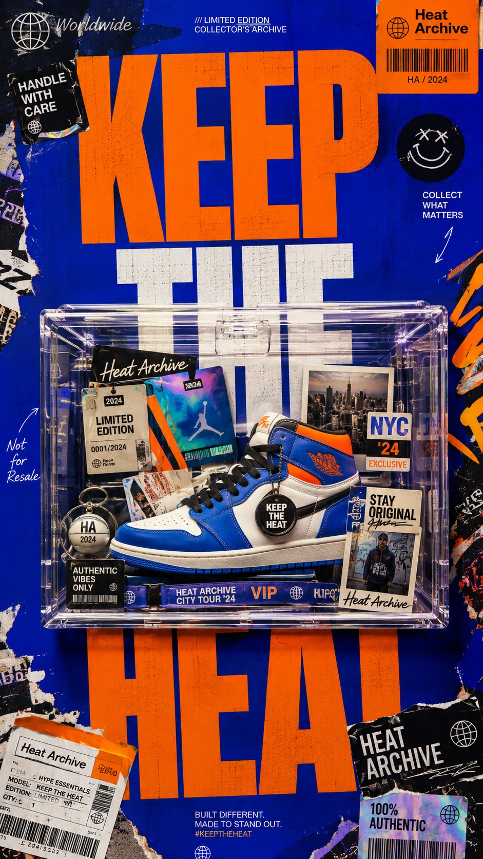 Streetwear sneaker archive poster with a clear display box, bold KEEP THE HEAT typography, and blue orange collector styling.