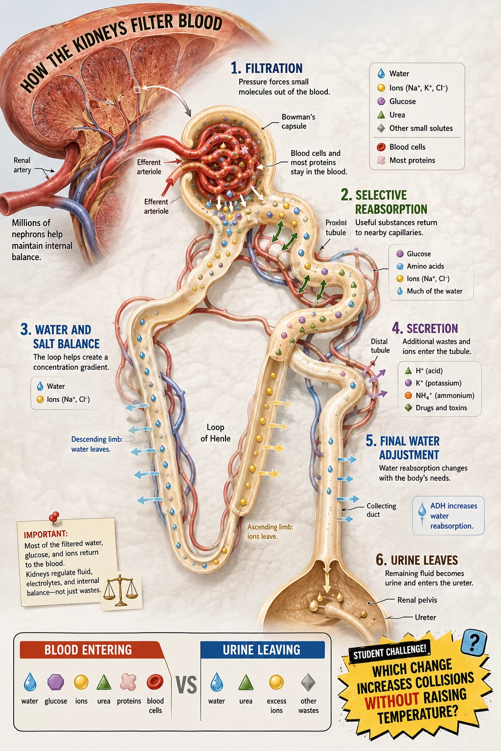 Educational kidney cutaway with glomerulus, Bowman's capsule, tubules, loop of Henle, collecting duct, ADH note, and blood-versus-urine comparison.