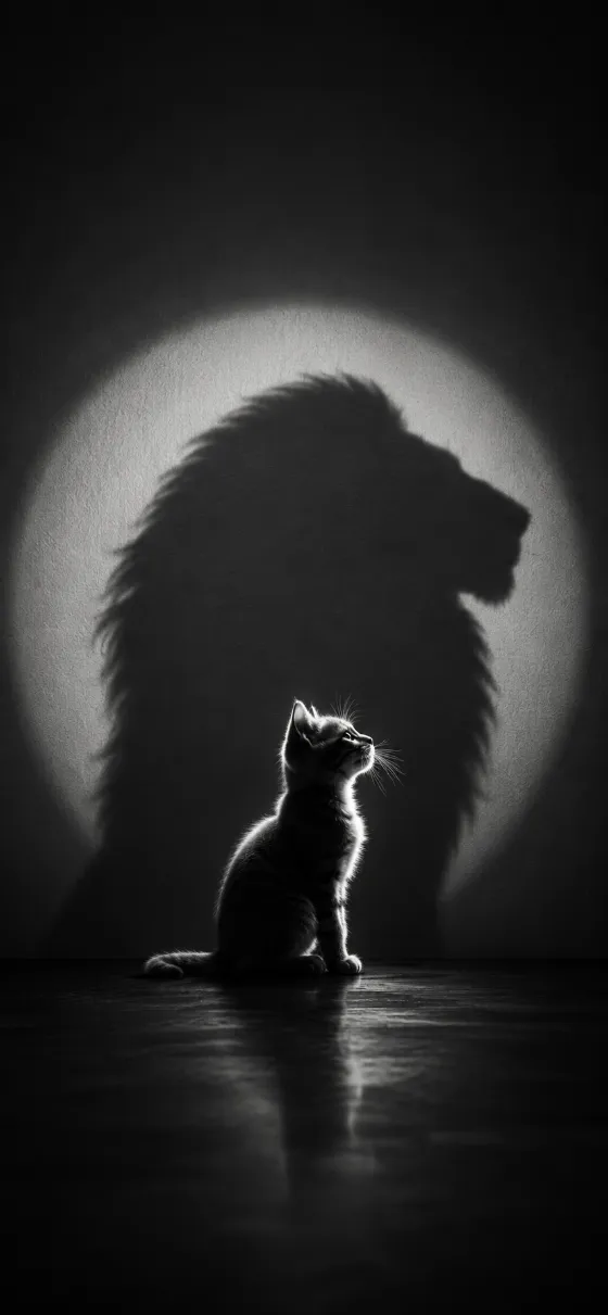 Small kitten in profile beneath a large lion shadow on a black and white spotlight wall.