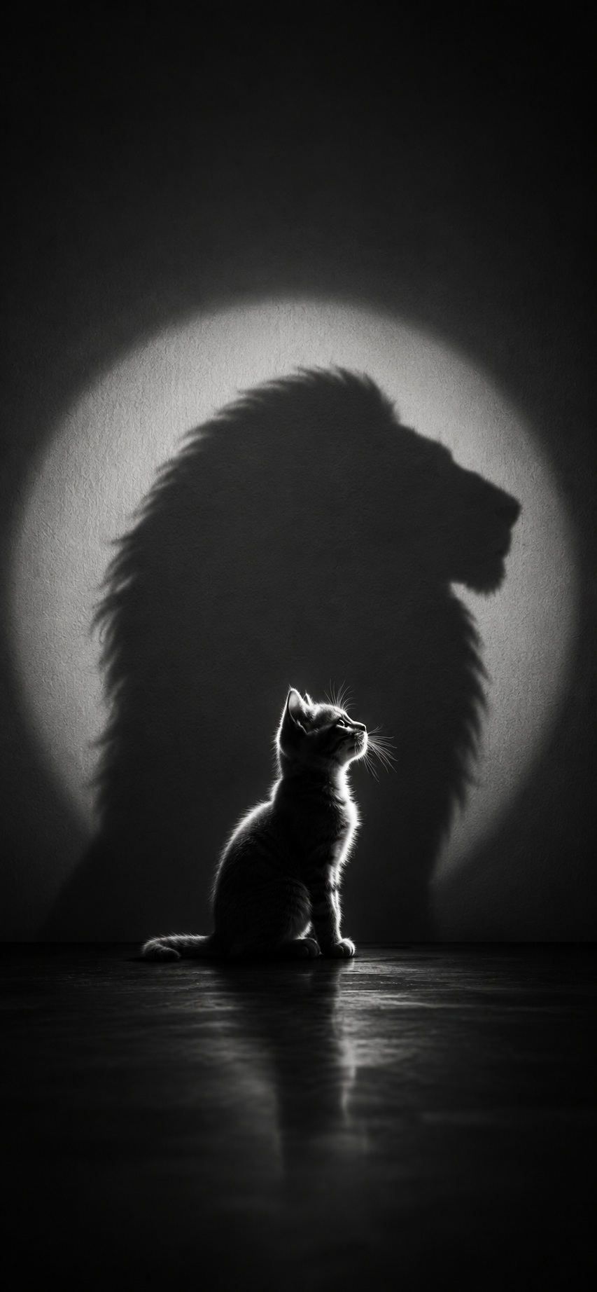 Small kitten in profile beneath a large lion shadow on a black and white spotlight wall.