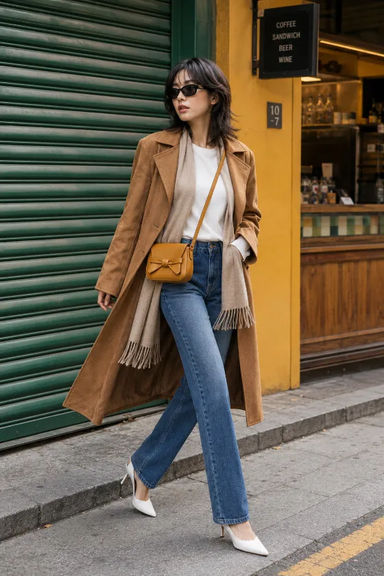 Street-style fashion portrait of a young Korean fashion subject in layered camel outerwear, fringed beige wrap, denim jeans, and white heels.
