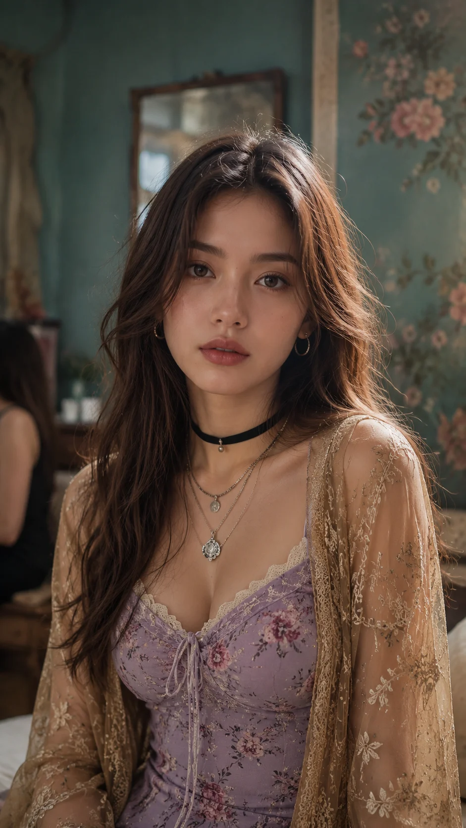 Young woman in a lavender floral dress and layered necklaces poses in a softly lit vintage room with a teal floral wall.