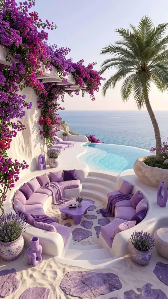 Mediterranean cliffside terrace with lavender sofas, white stucco, bougainvillea, palm tree, infinity pool, and calm ocean view.