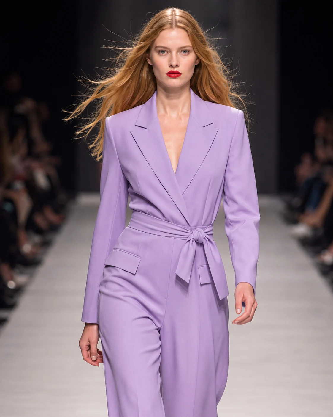 Model on a runway wearing a lavender tailored wrap jumpsuit with a cinched waist and wide-leg shape.