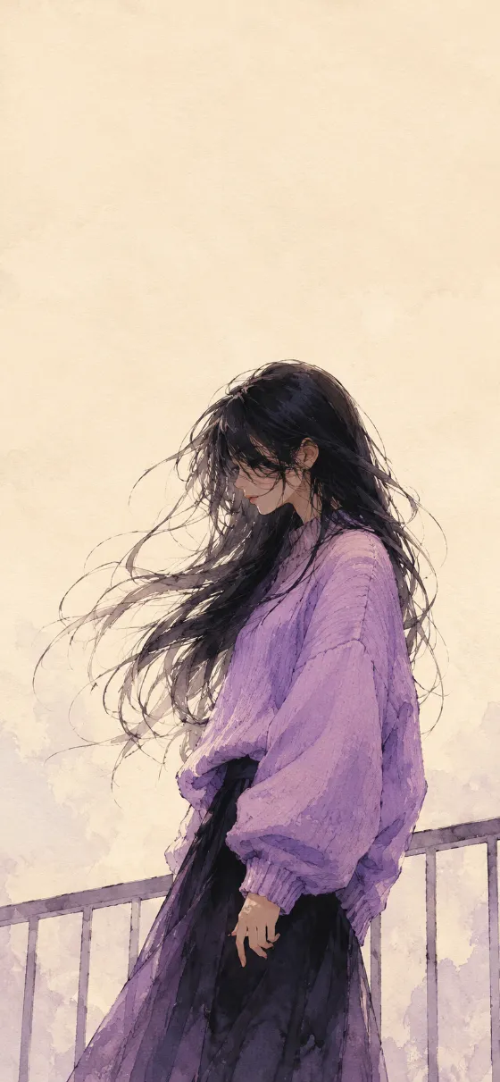 Watercolor anime-style portrait of a long-haired woman in an oversized lavender sweater and dark skirt beside a simple balcony railing.
