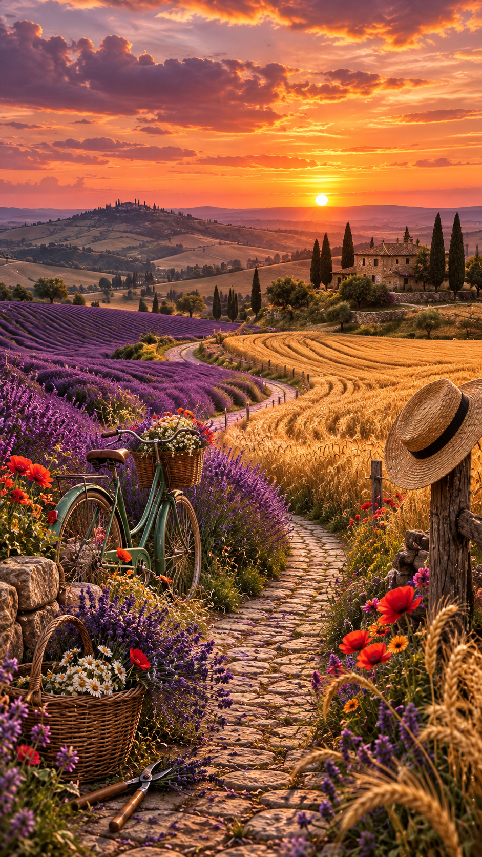 Lavender and wheat fields surround a winding path with a bicycle beneath a colorful sunset.