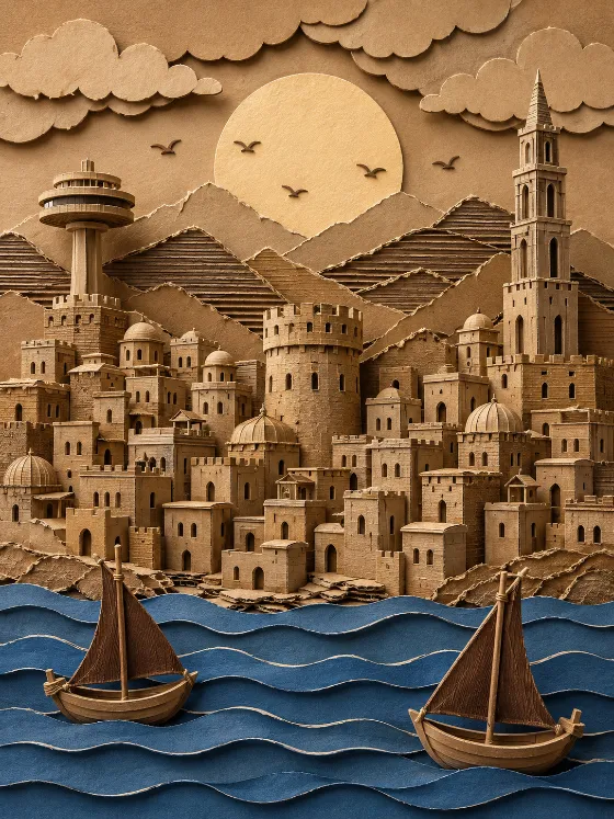 Handcrafted cardboard coastal city with towers, mountains, a sun disc, blue paper sea, and two sailboats in the foreground.