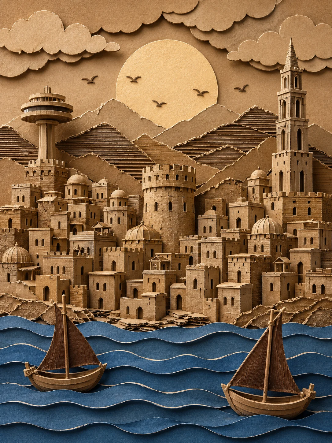 Handcrafted cardboard coastal city with towers, mountains, a sun disc, blue paper sea, and two sailboats in the foreground.