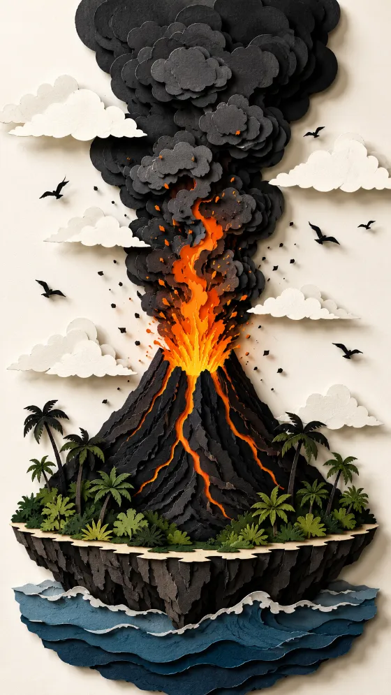 Handcrafted paper-cut volcano eruption with orange lava, dark smoke clouds, birds, palms, and layered ocean waves.