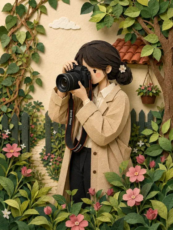 Handcrafted paper-diorama portrait of a photographer taking a picture amid layered foliage, flowers, vines, and a garden fence.