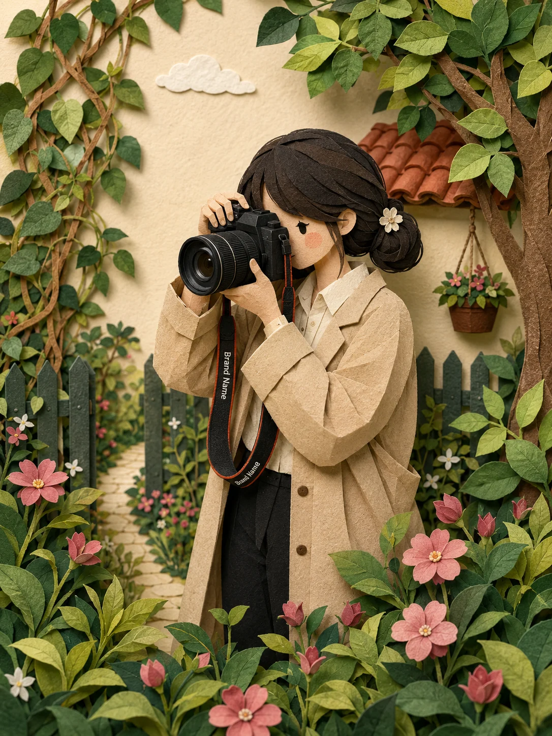 Handcrafted paper-diorama portrait of a photographer taking a picture amid layered foliage, flowers, vines, and a garden fence.