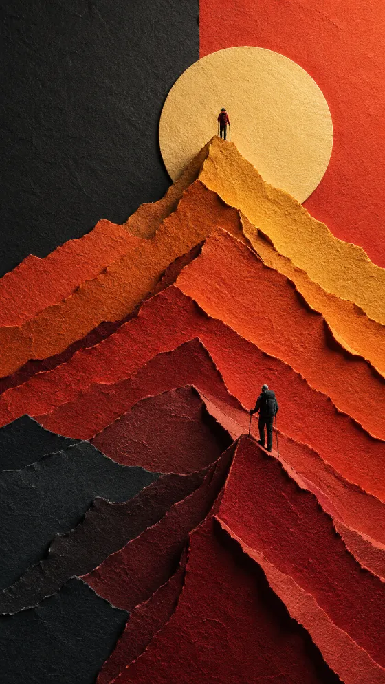 Two miniature hikers stand on textured paper mountain ridges in a warm geometric sunrise composition.
