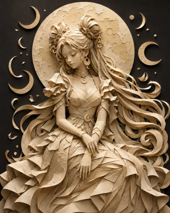 Intricate cream paper sculpture of a seated moon-themed heroine surrounded by crescent ornaments on a charcoal background.