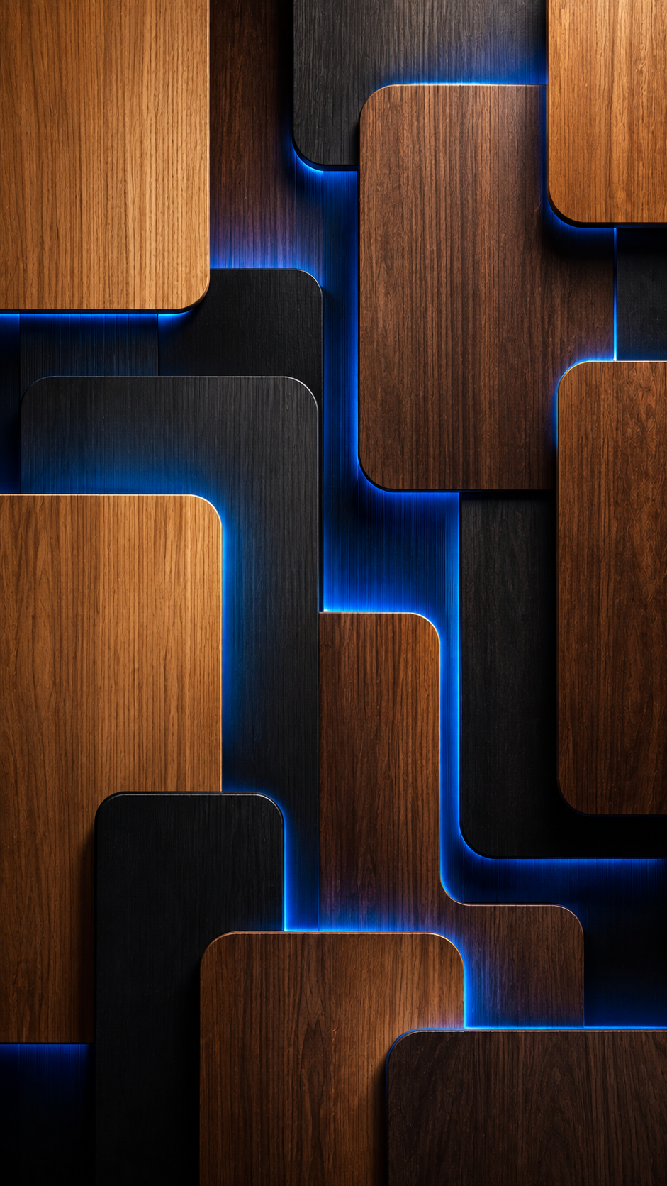 Abstract vertical wallpaper with overlapping rounded wood panels, dark recesses, and vivid electric-blue glowing channels.