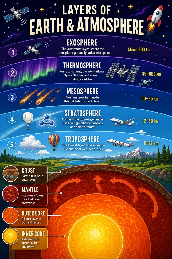 Colorful educational poster of Earth’s atmospheric layers and internal structure with labeled icons and altitude ranges.