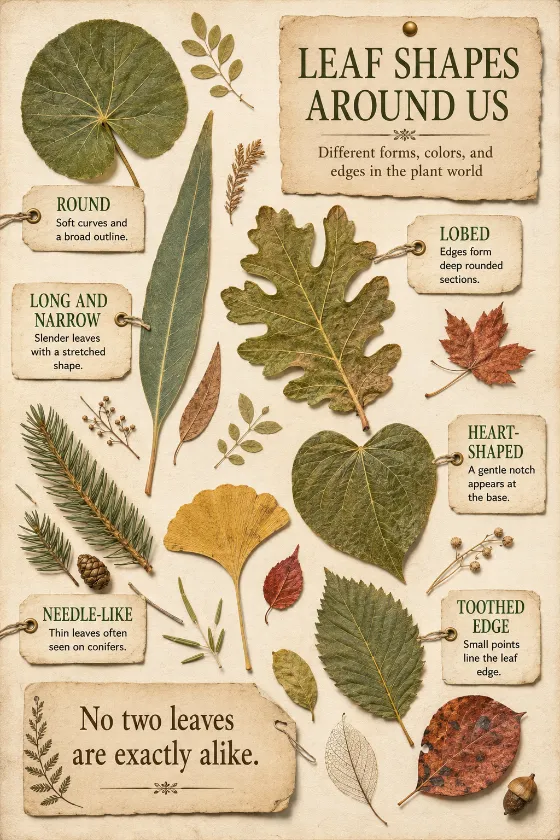 Educational natural-history specimen sheet showing six leaf shapes, realistic margins and veins, warm archival paper, and asymmetrical botanical arrangement.