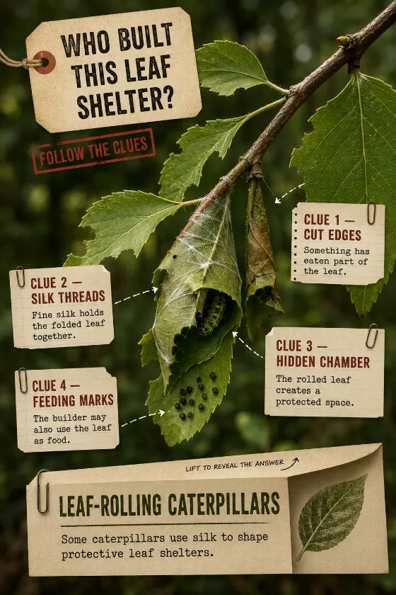 Woodland branch with a silk-held rolled leaf shelter, open leaves, clue tags, and a folded answer flap naming leaf-rolling caterpillars.