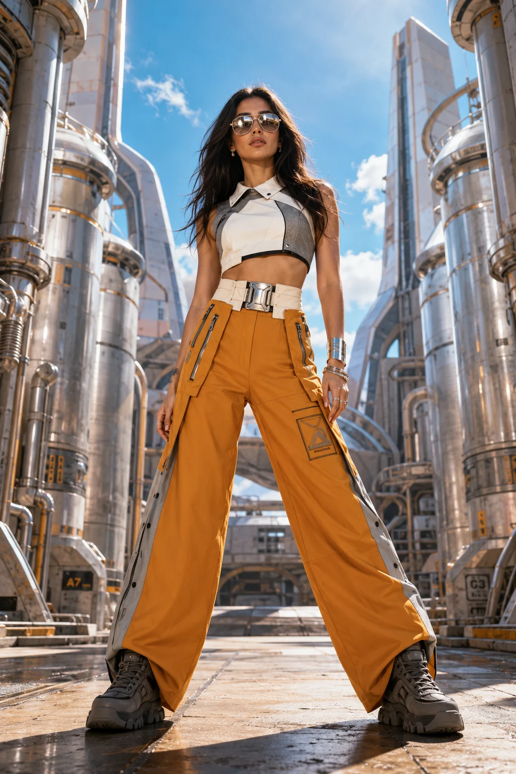 Young Levantine fashion subject with light olive skin and long feathered layers standing in a futuristic industrial corridor wearing a structured white-and-gray crop top, mustard-orange utility trousers, technical boots, and reflective.