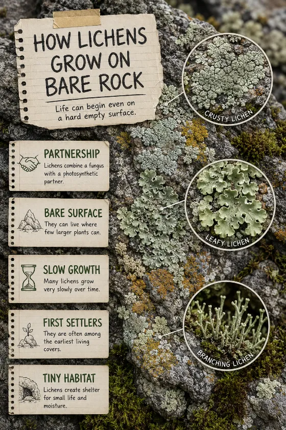 Macro educational poster of rough stone covered with crusty, leafy, and branching lichens, three magnified circles, subtle moss, and five large explanatory labels.
