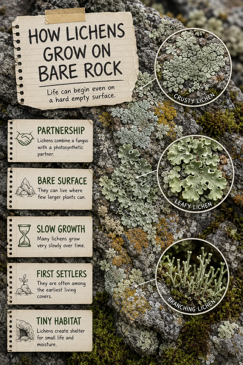 Macro educational poster of rough stone covered with crusty, leafy, and branching lichens, three magnified circles, subtle moss, and five large explanatory labels.
