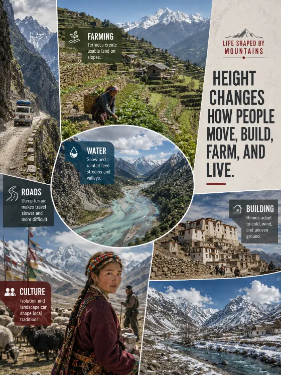 Asymmetrical mountain geography photo mosaic showing terraced farming, a high-altitude village, mountain roads, a river valley, grazing land, and diverse residents.