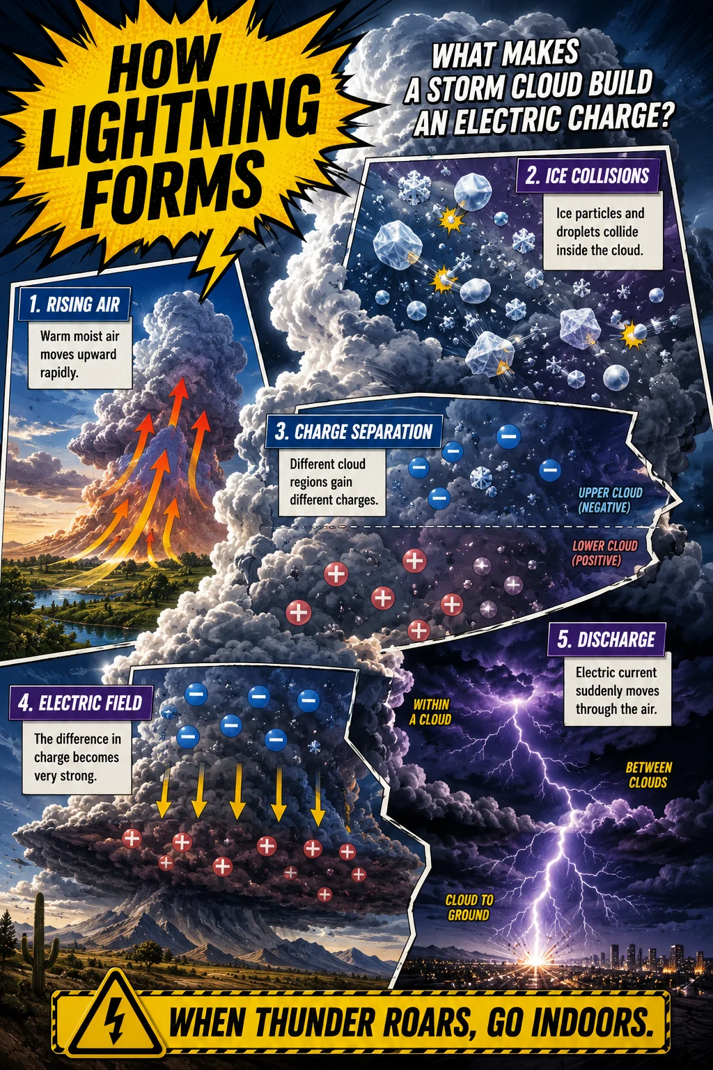 Educational thunderstorm comic with a towering cloud, particle collisions, charge regions, electric-field graphics, lightning paths, and a large indoor-safety strip.