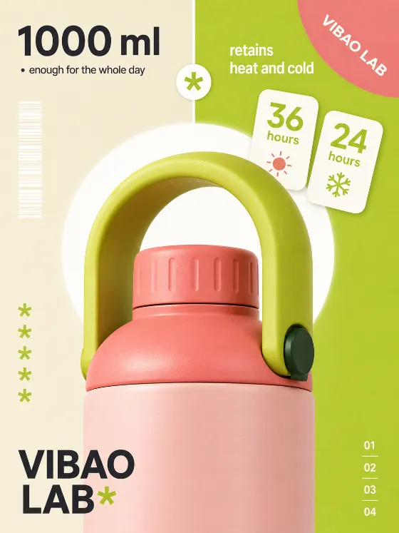 Pastel commercial poster featuring a blush-pink thermos with a lime-green arch handle, coral lid, floating feature cards, and a split cream-and-green background.