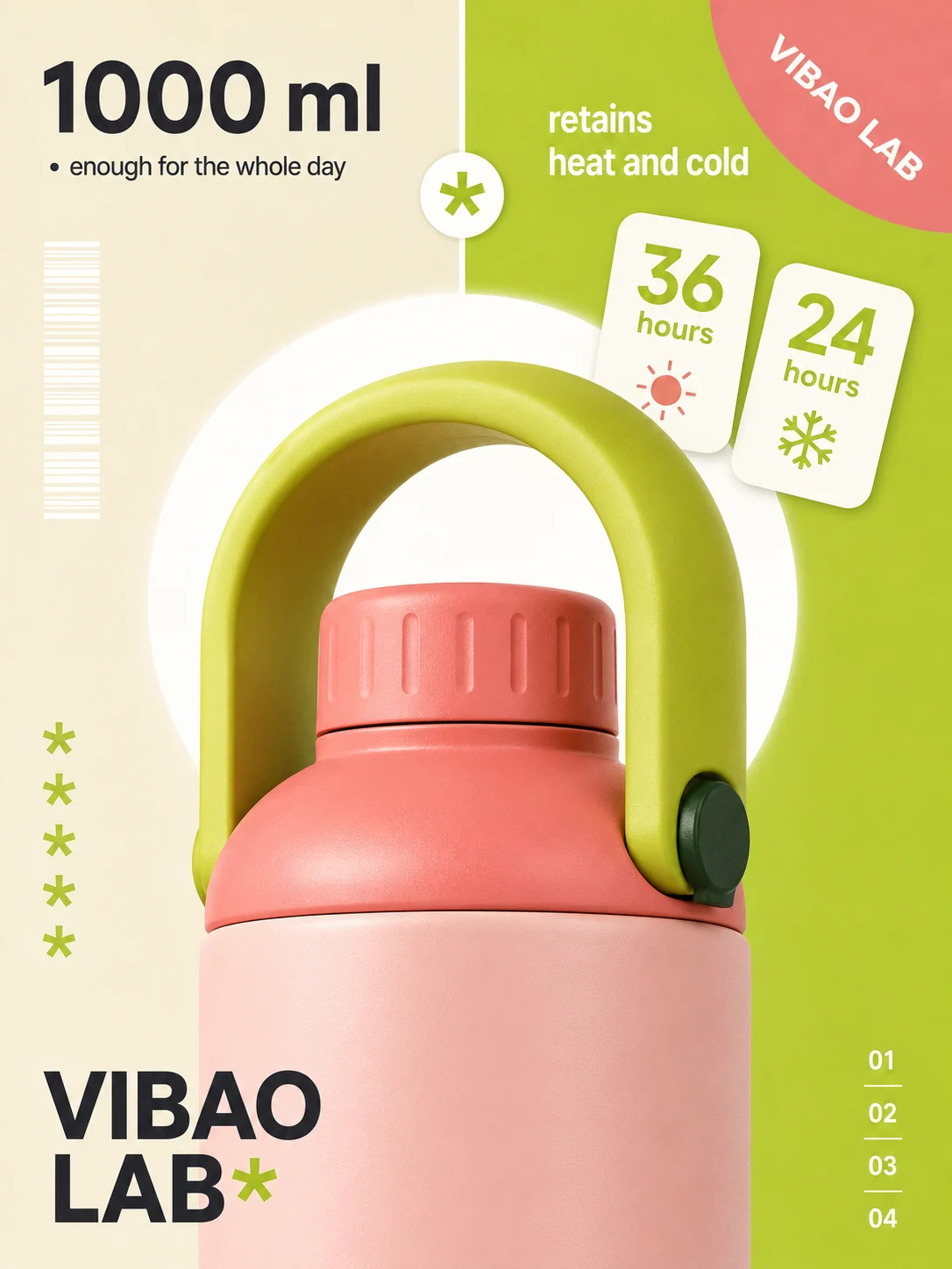Pastel commercial poster featuring a blush-pink thermos with a lime-green arch handle, coral lid, floating feature cards, and a split cream-and-green background.