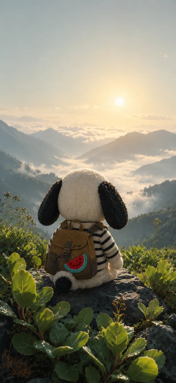 Small black-and-white plush puppy with a brown backpack sitting among green mountain plants beneath a misty morning sun.
