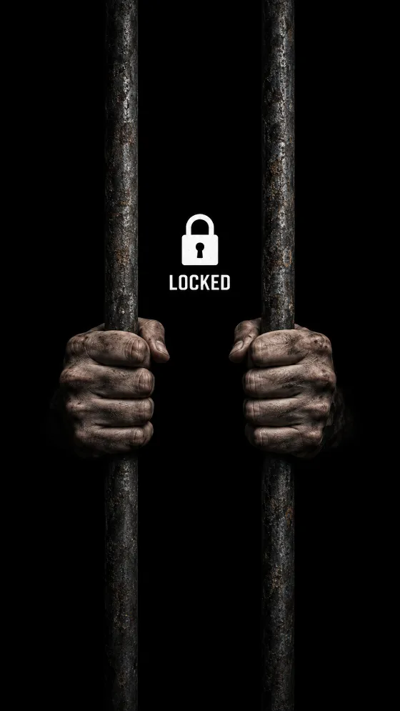 Two hands grip weathered vertical metal bars beneath a white padlock symbol and the word LOCKED on a black background.
