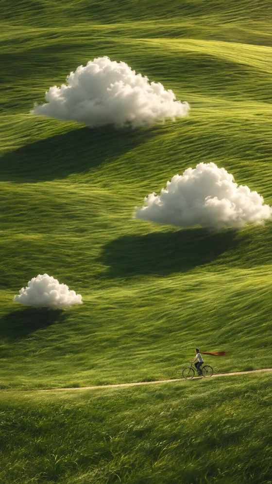 Vertical surreal landscape of three white resting on rolling green grass above a lone cyclist.