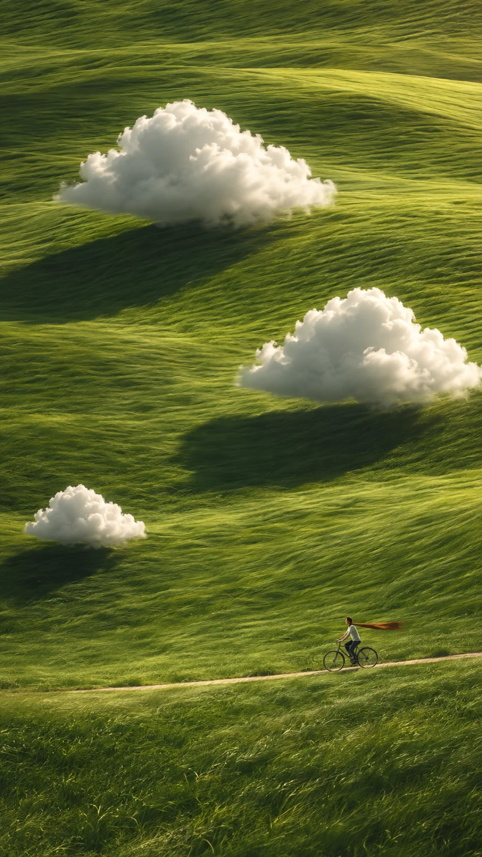 Vertical surreal landscape of three white resting on rolling green grass above a lone cyclist.