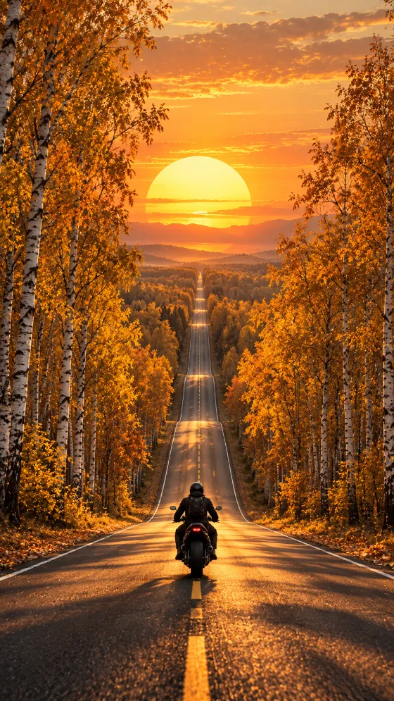 Lone motorcyclist riding down a long road through golden autumn birch trees toward a large setting sun.