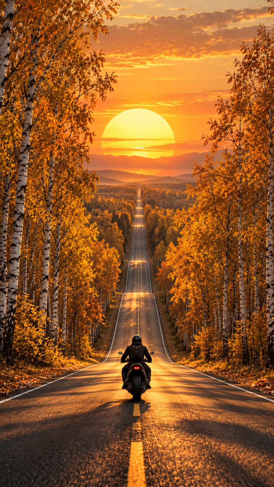Lone motorcyclist riding down a long road through golden autumn birch trees toward a large setting sun.