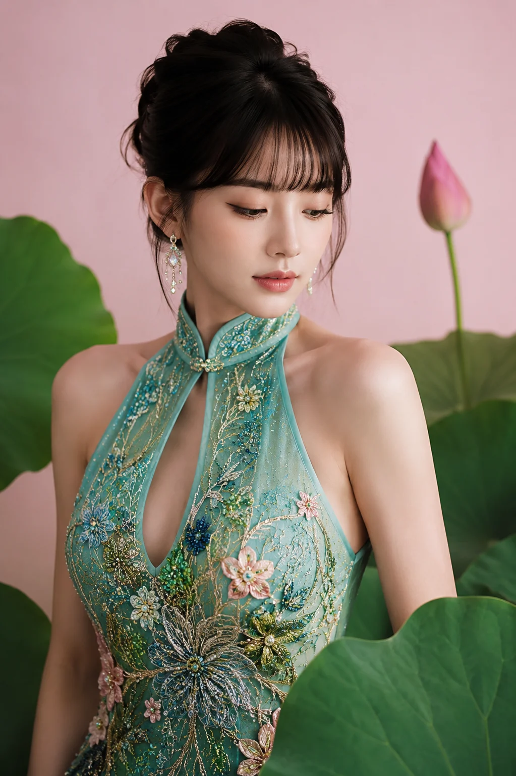 Botanical couture portrait of a woman in a turquoise floral-beaded gown, framed by saturated green lotus leaves and a pink lotus bud.