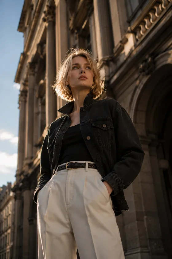 Editorial fashion portrait beneath historic architecture with golden-hour sunlight.