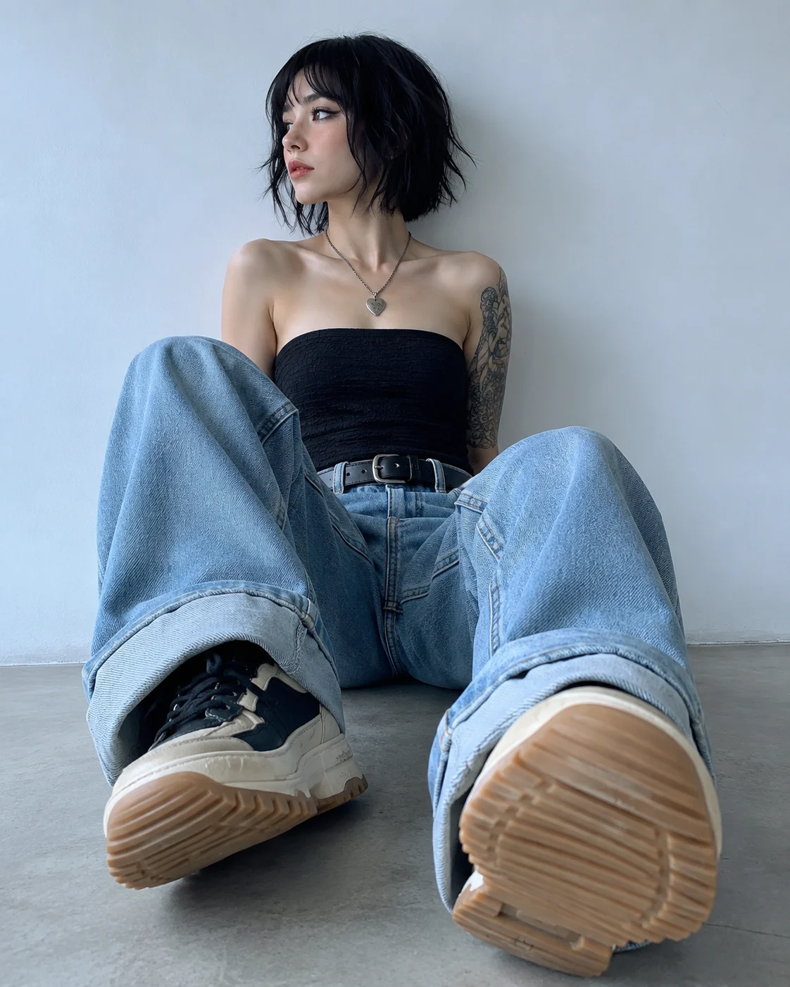 Low-angle seated fashion portrait with oversized blue jeans, black top, and large chunky sneaker soles in the foreground.