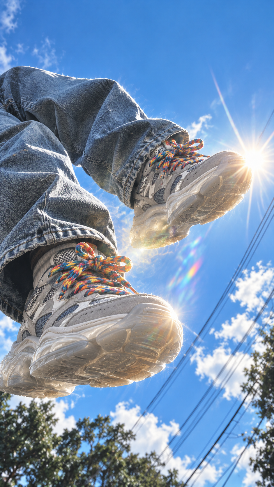 Low-angle view of colorful-laced sneakers against a bright blue sky with clouds, sun flare, and overhead power lines.