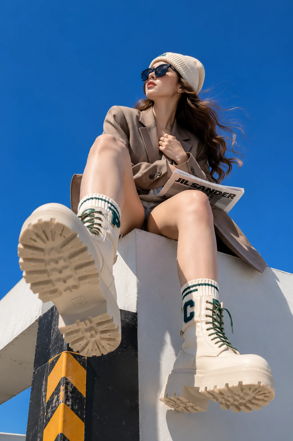 Extreme low-angle rooftop editorial fashion image with oversized combat boots.