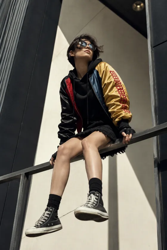 Low-angle editorial portrait of a streetwear subject seated on a railing in a modern geometric interior.