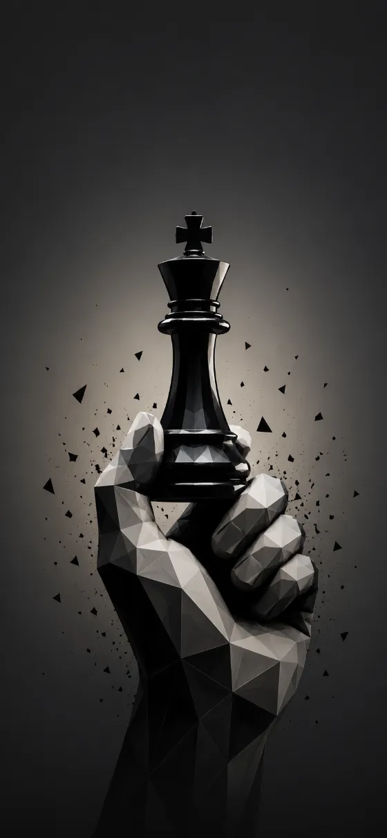 Low-poly geometric hand holding a glossy black chess king on a dark gray gradient with scattered particle fragments.